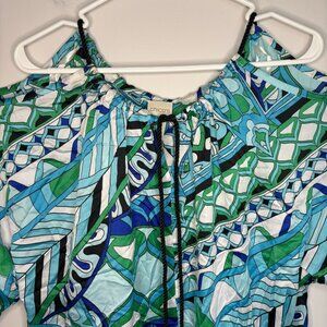 CHICO'S Cold Shoulder Blouse Womens 3 Satin Blue Green Tassels